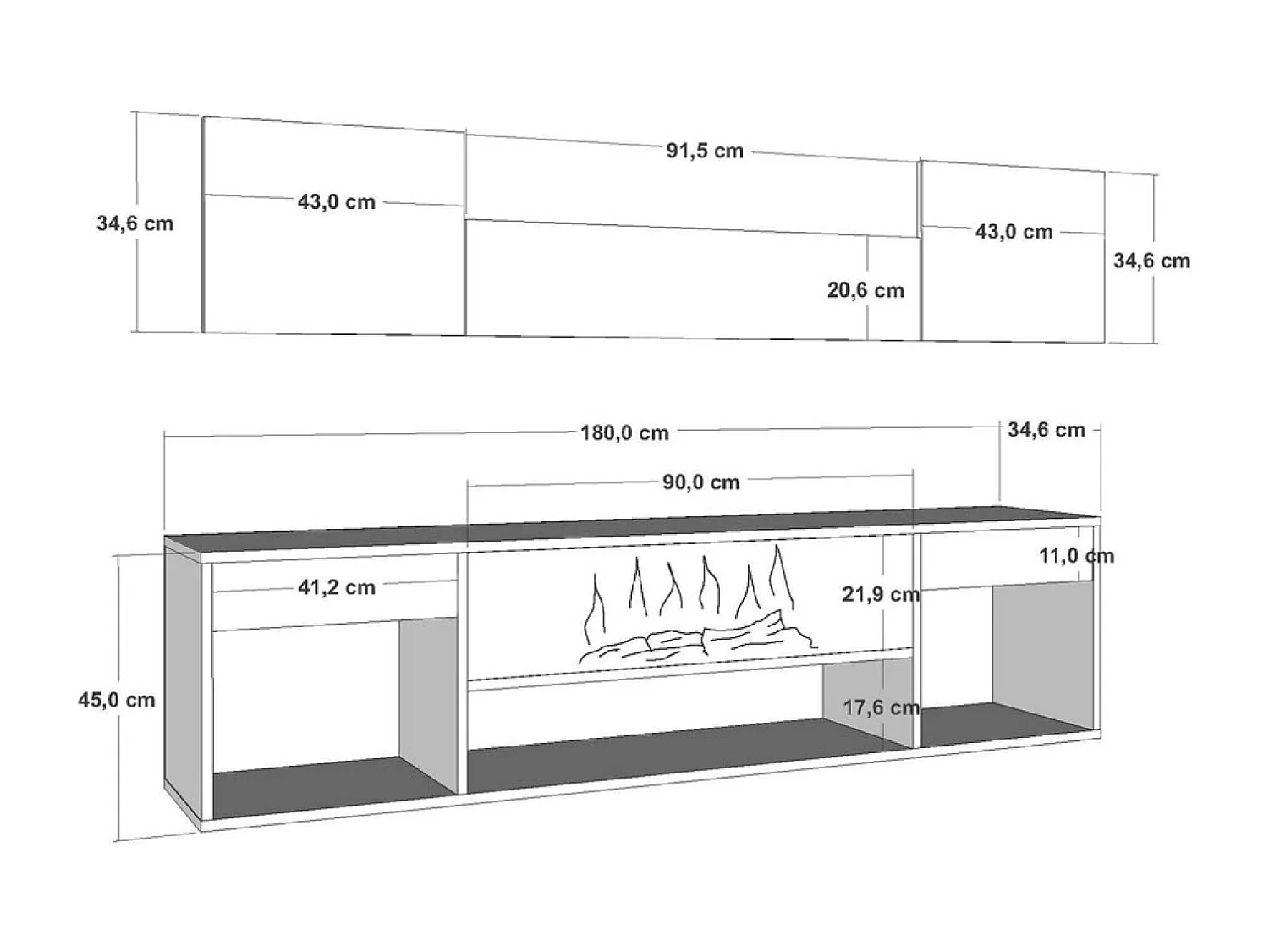 Meuble TV avec cheminée LED 180cm aspect bois PYRO