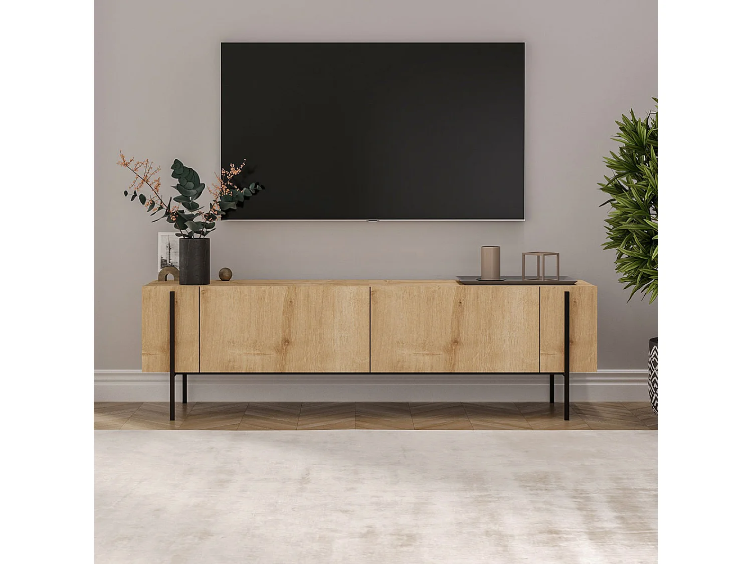 Meuble TV avec placards bois et détails noirs 160cm FRENA