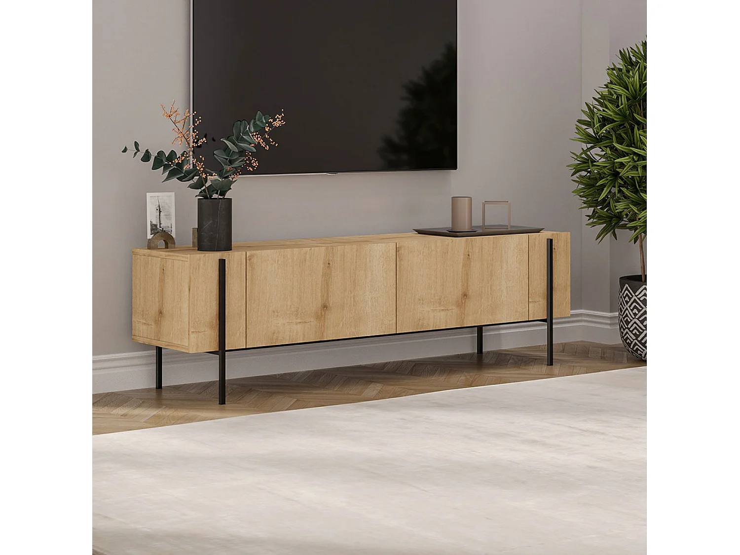 Meuble TV avec placards bois et détails noirs 160cm FRENA