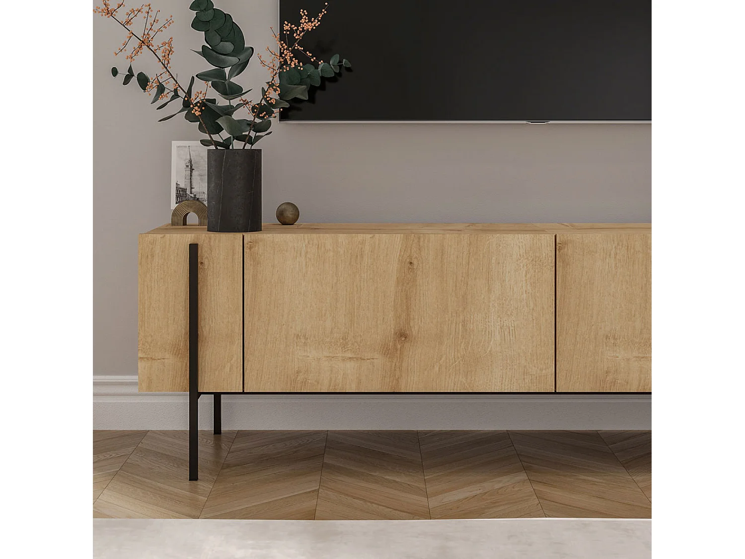 Meuble TV avec placards bois et détails noirs 160cm FRENA