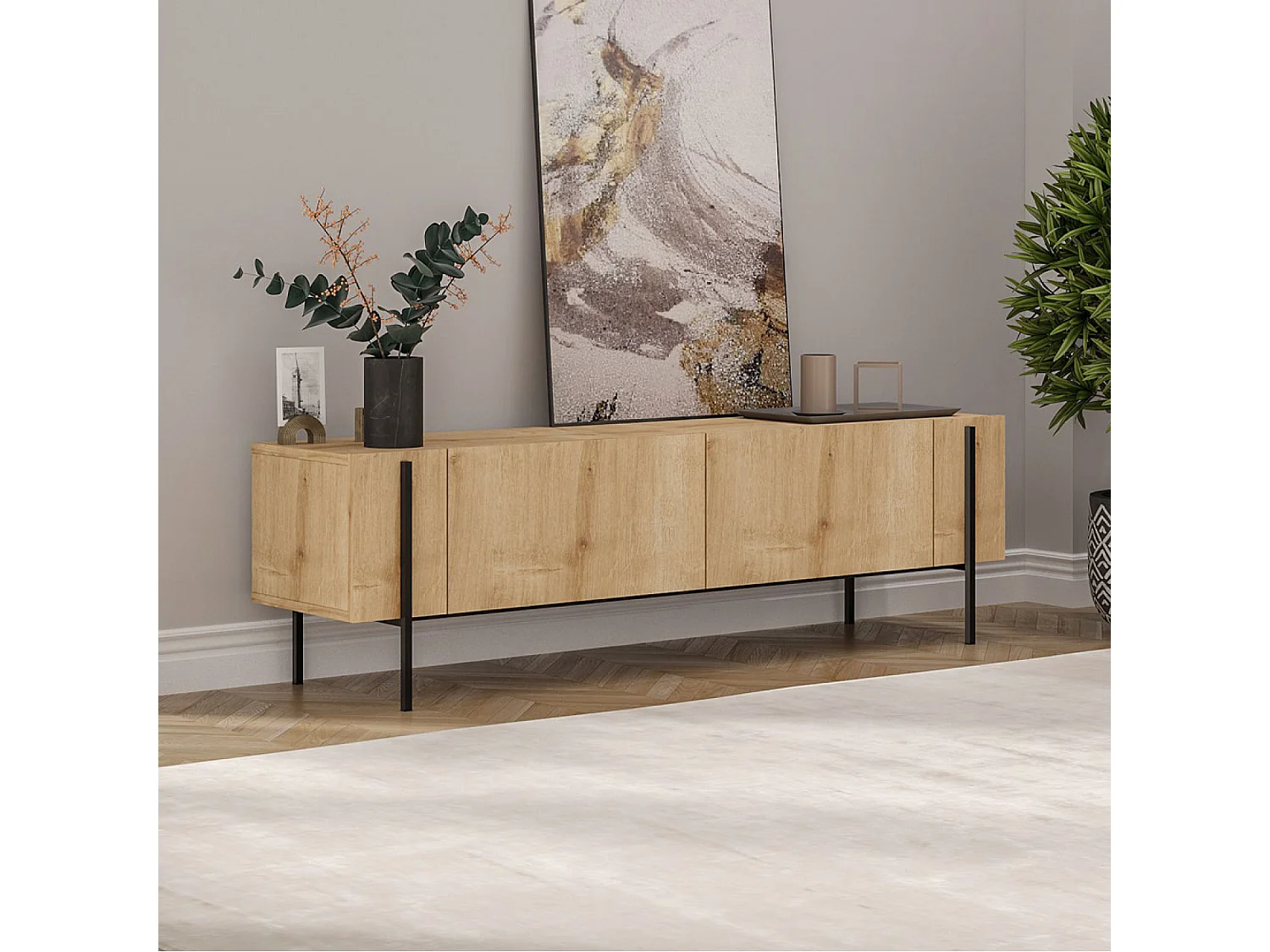 Meuble TV avec placards bois et détails noirs 160cm FRENA