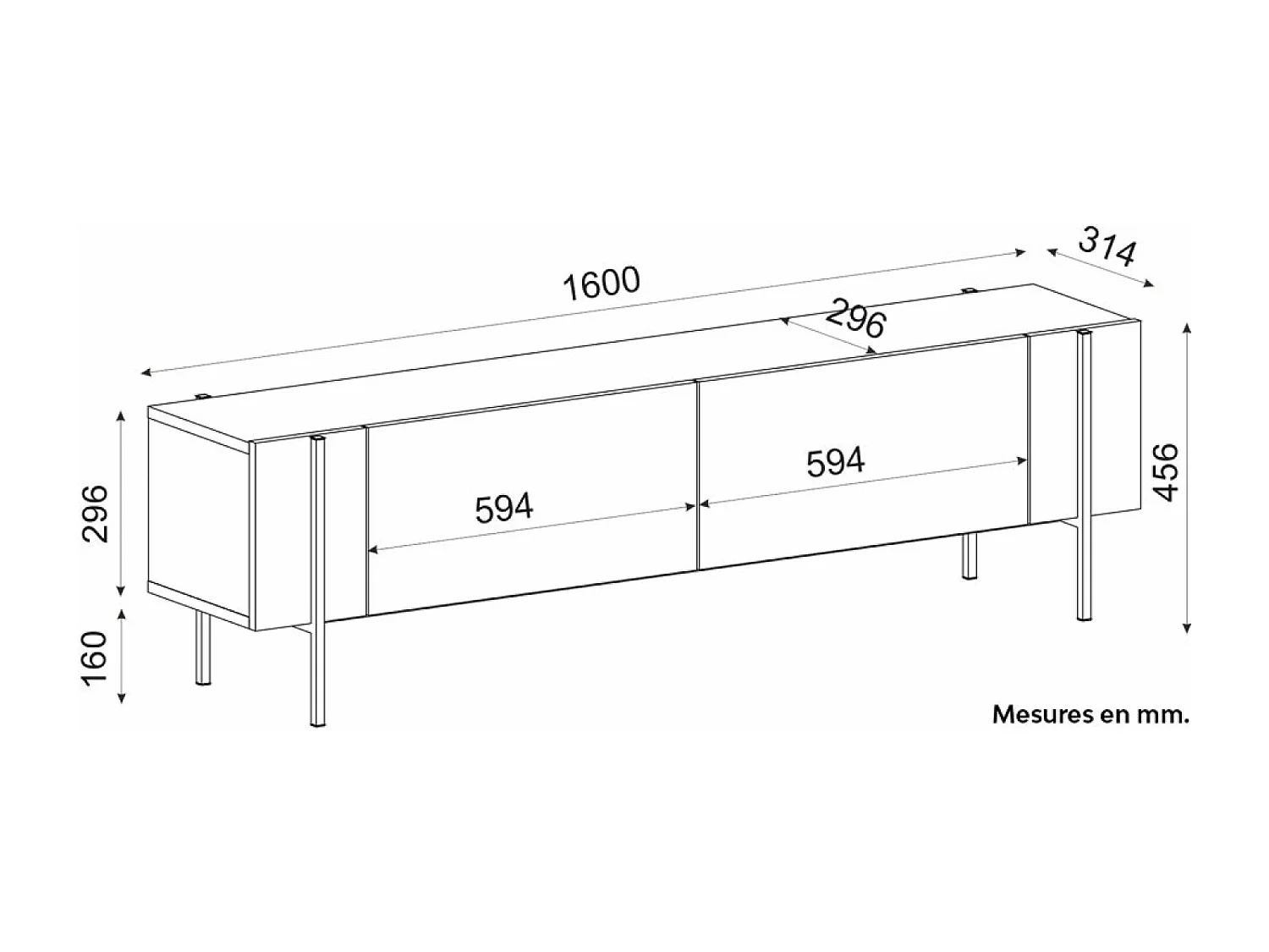 Meuble TV avec placards bois et détails noirs 160cm FRENA