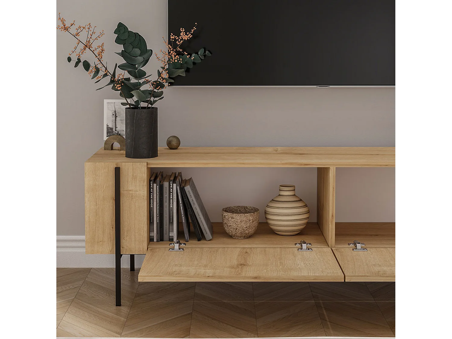 Meuble TV avec placards bois et détails noirs 160cm FRENA