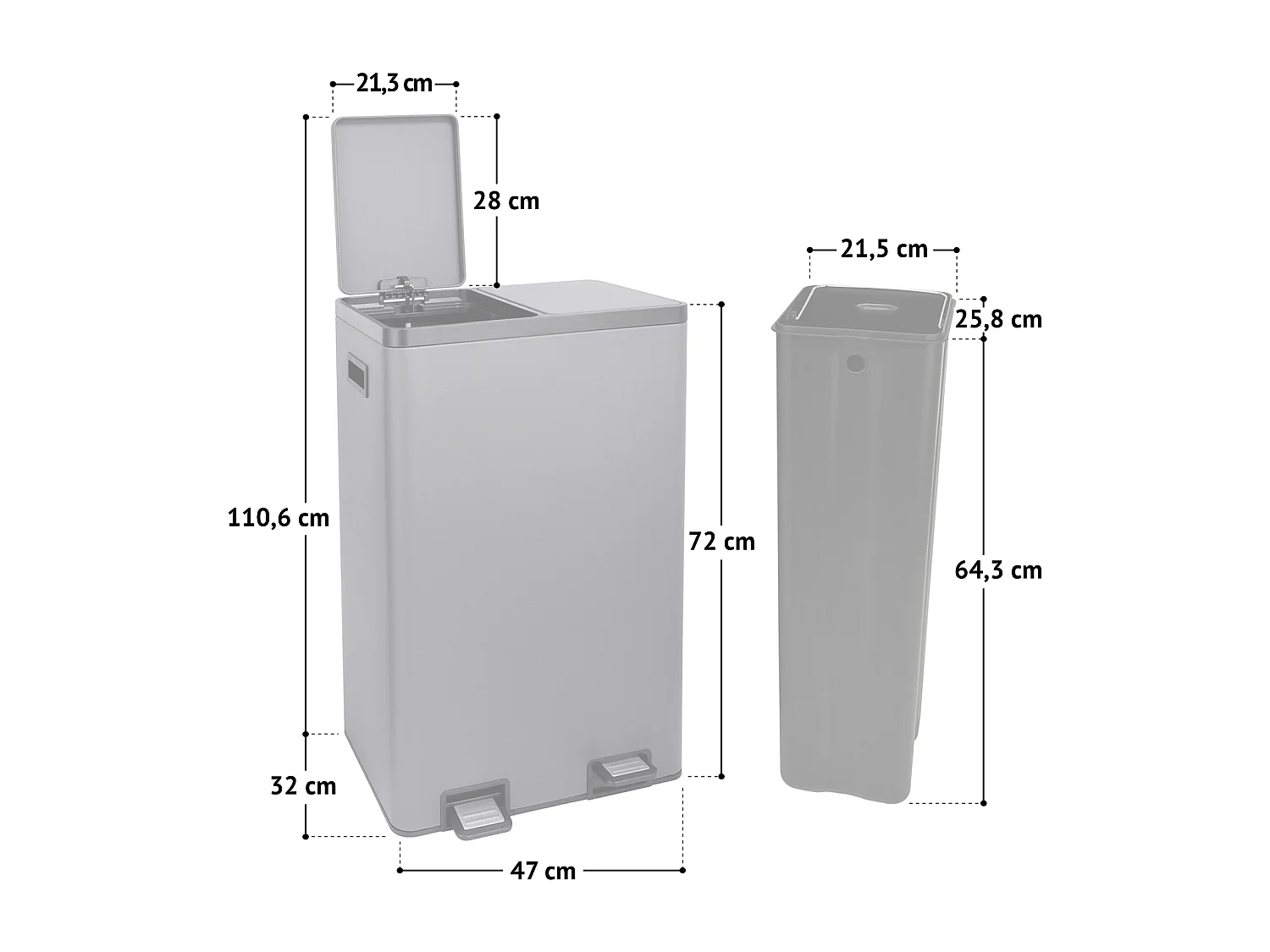 Système de tri des déchets TMH2X30, 2x30L, 2 compartiments, poubelle en acier thermolaqué blanc
