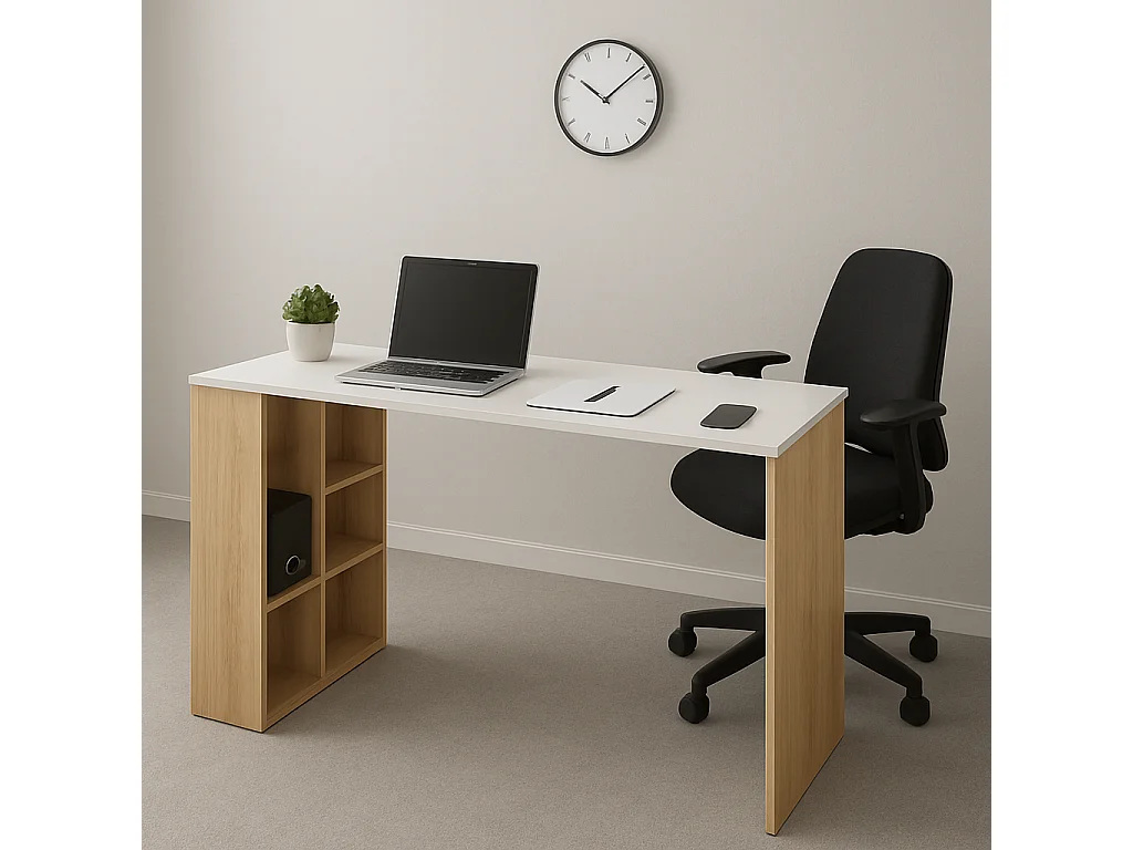 Bureau contemporain Protocole Home avec 10 niches de rangement — L110 x P60 x H75 cm, MDF beige et blanc.
