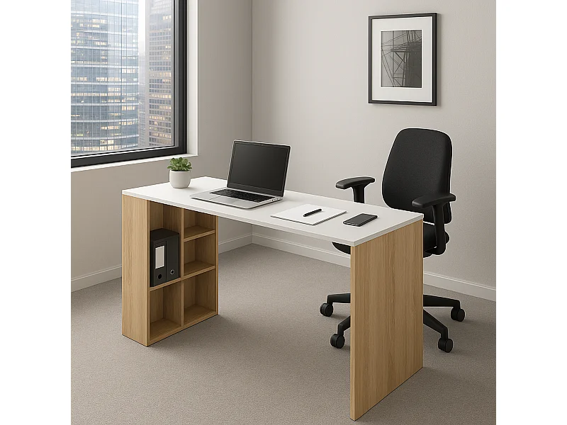 Bureau contemporain Protocole Home avec 10 niches de rangement — L110 x P60 x H75 cm, MDF beige et blanc.
