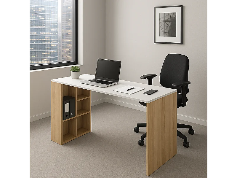 Bureau contemporain Protocole Home avec 10 niches de rangement — L110 x P60 x H75 cm, MDF beige et blanc.