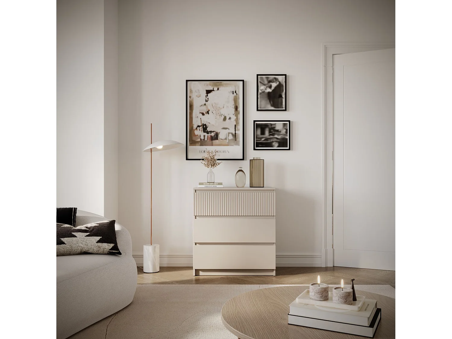 Commode à trois tiroirs avec façade à rainures – 70 cm – gris cachemire – SANDIA