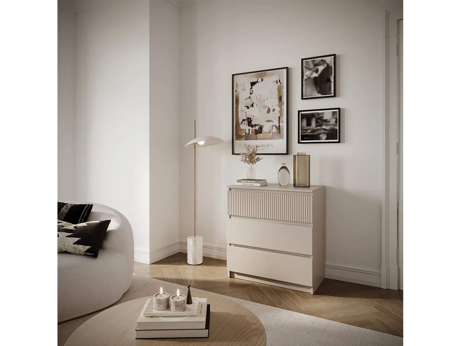 Commode à trois tiroirs avec façade à rainures – 70 cm – gris cachemire – SANDIA