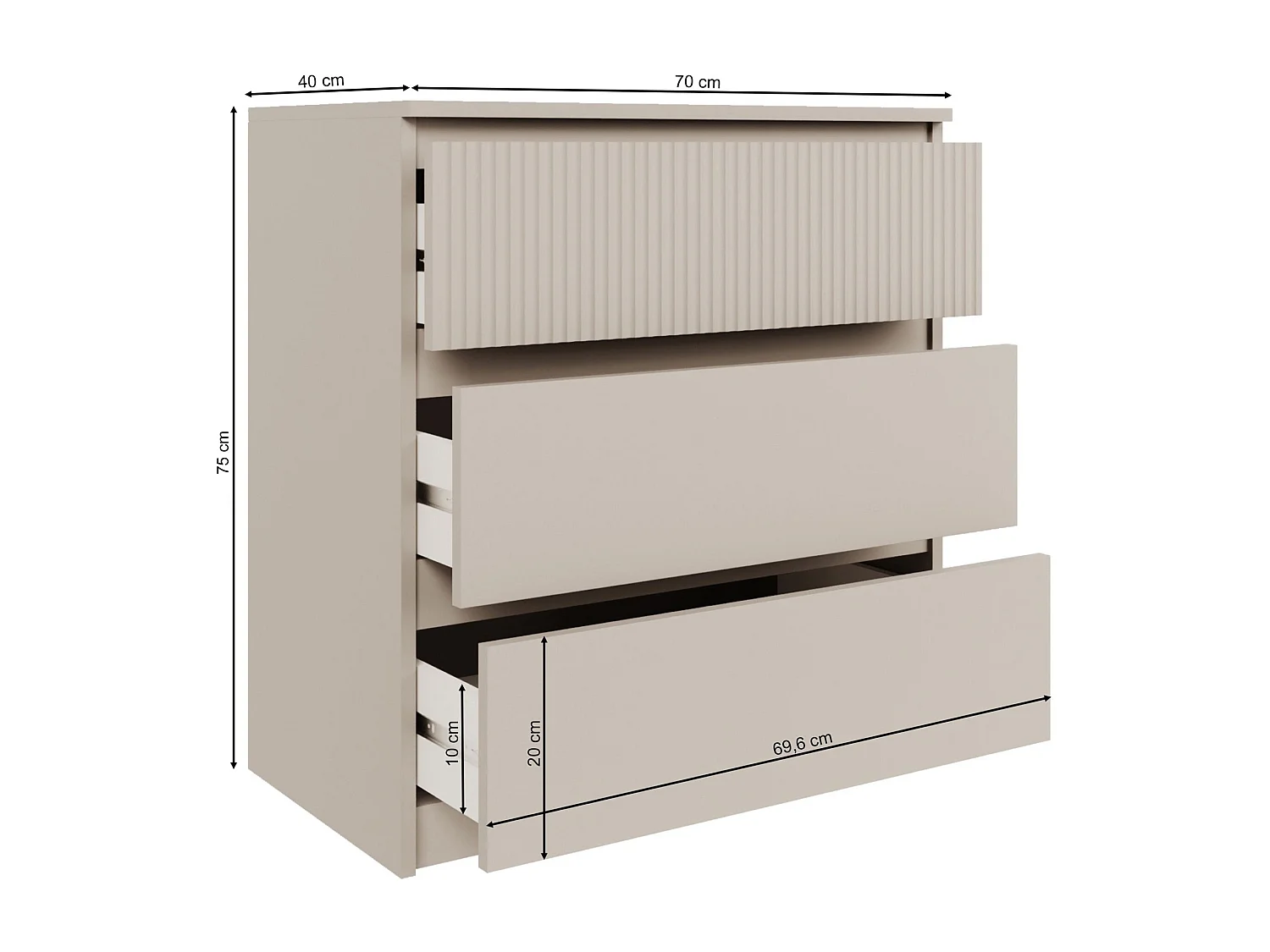 Commode à trois tiroirs avec façade à rainures – 70 cm – gris cachemire – SANDIA