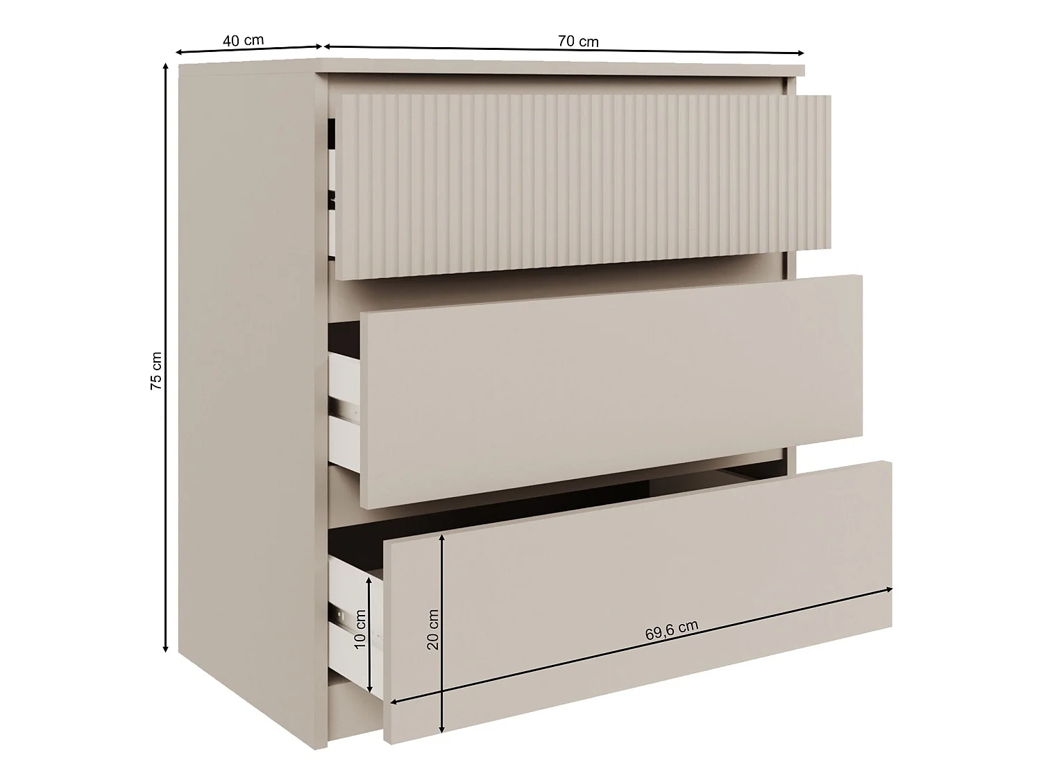 Kommode mit drei Schubladen und geriffelter Front – Kaschmirgrau – 70 cm – SANDIA