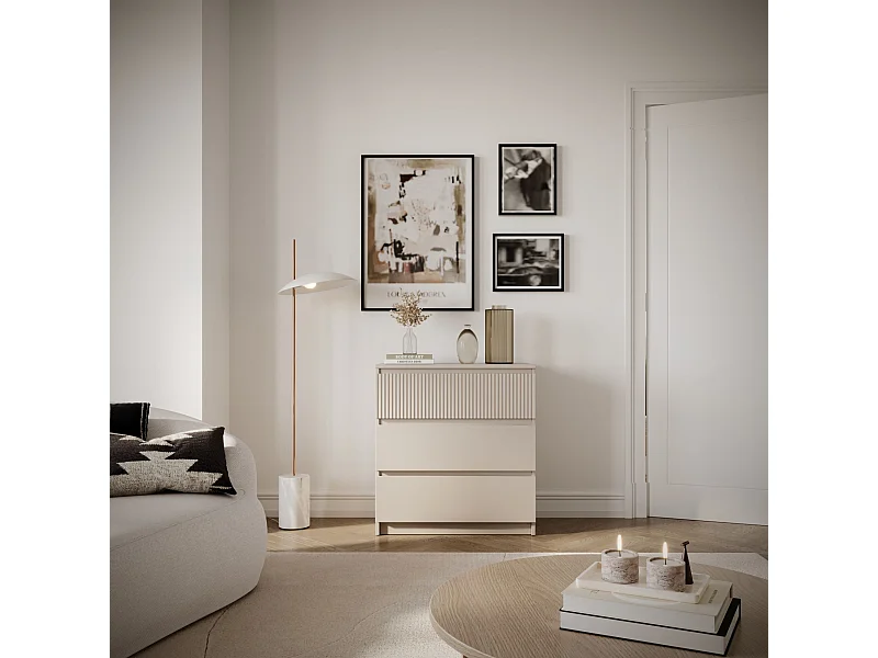 Commode à trois tiroirs avec façade à rainures – 70 cm – gris cachemire – SANDIA