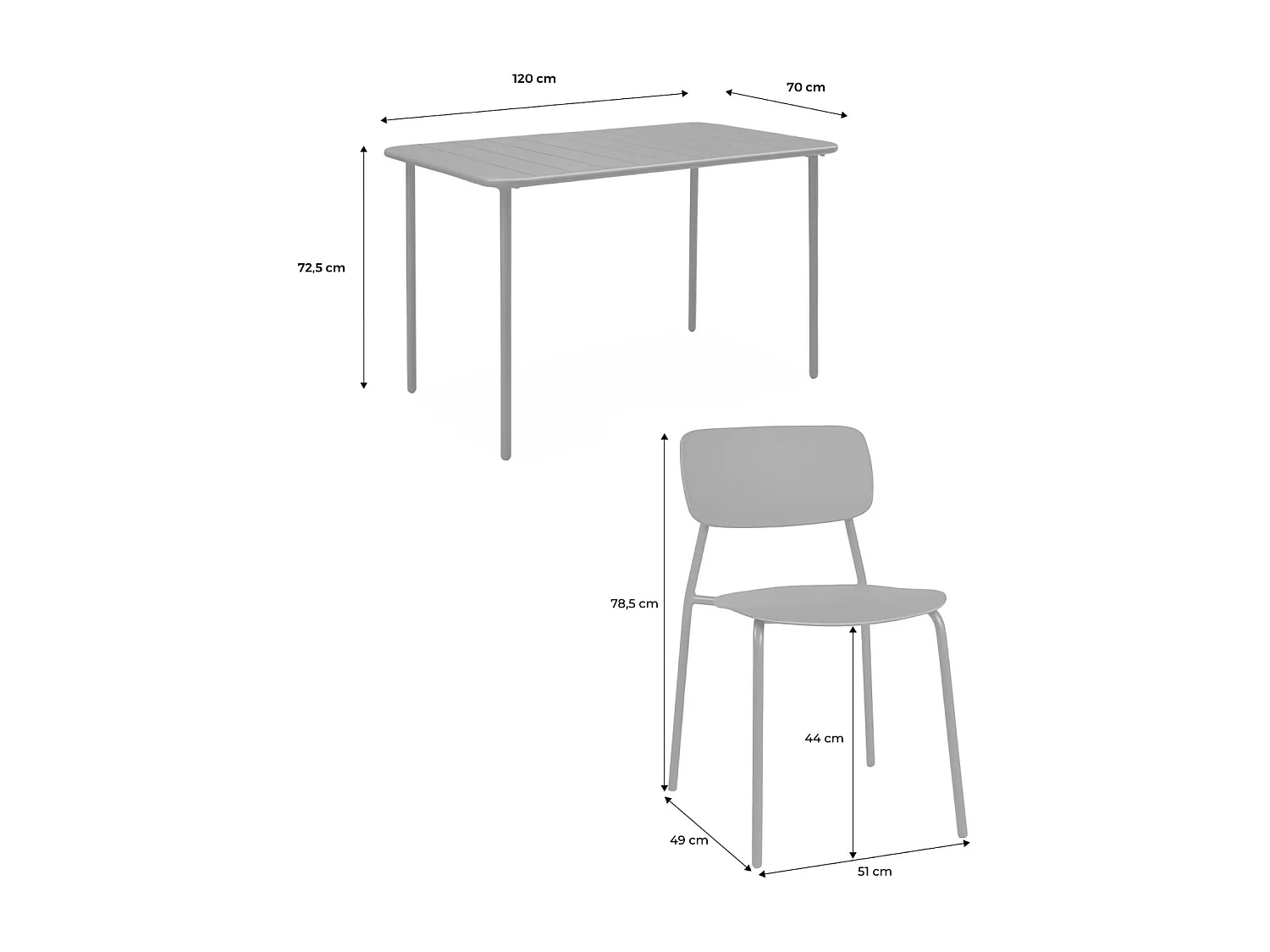 Table de jardin métal + 4 assises terracotta. Amélia + Liva L 120 x 70 x 72.5cm