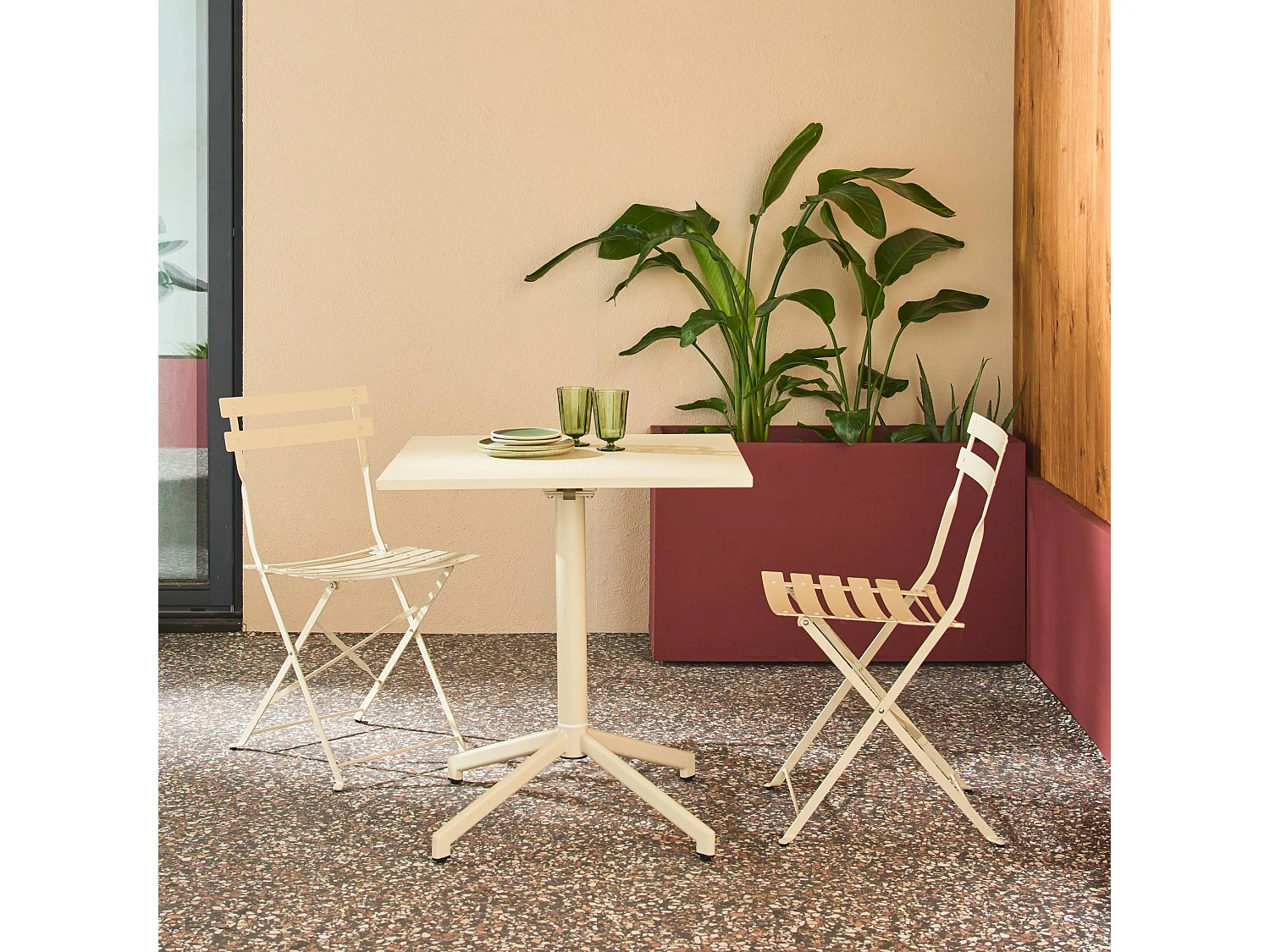 Table de jardin bistrot carrée pliante acier 70cm + 2 places beige - Chiara/Emilia