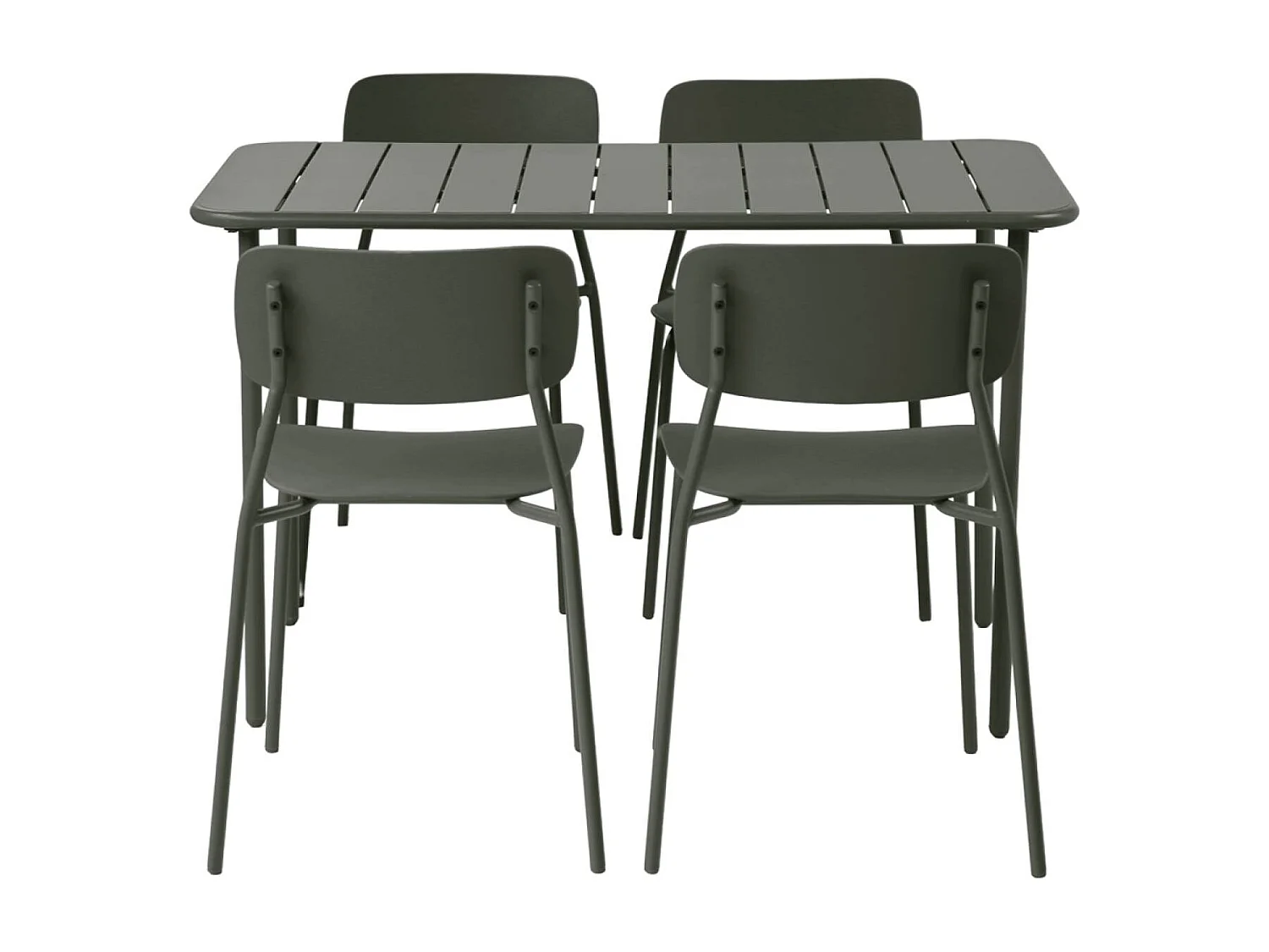 Table de jardin métal + 4 assises kaki. Amélia + Liva L 120 x 70 x 72.5cm