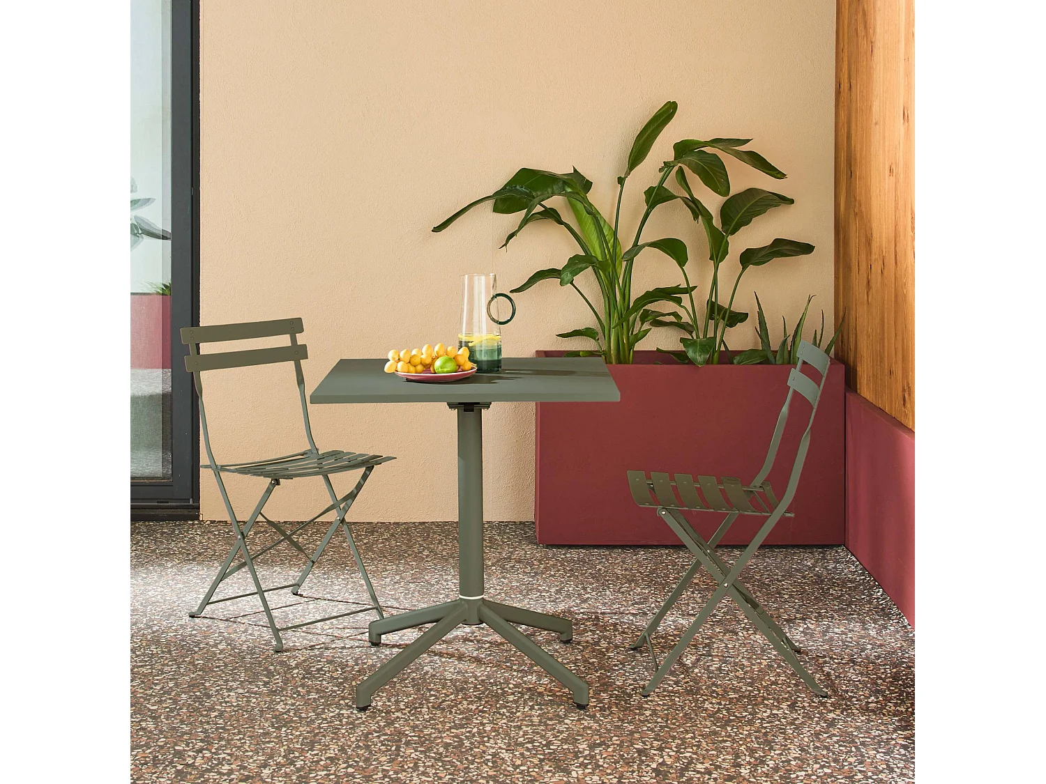 Table de jardin bistrot carrée pliante acier 70cm + 2 places kaki - Chiara/Emilia