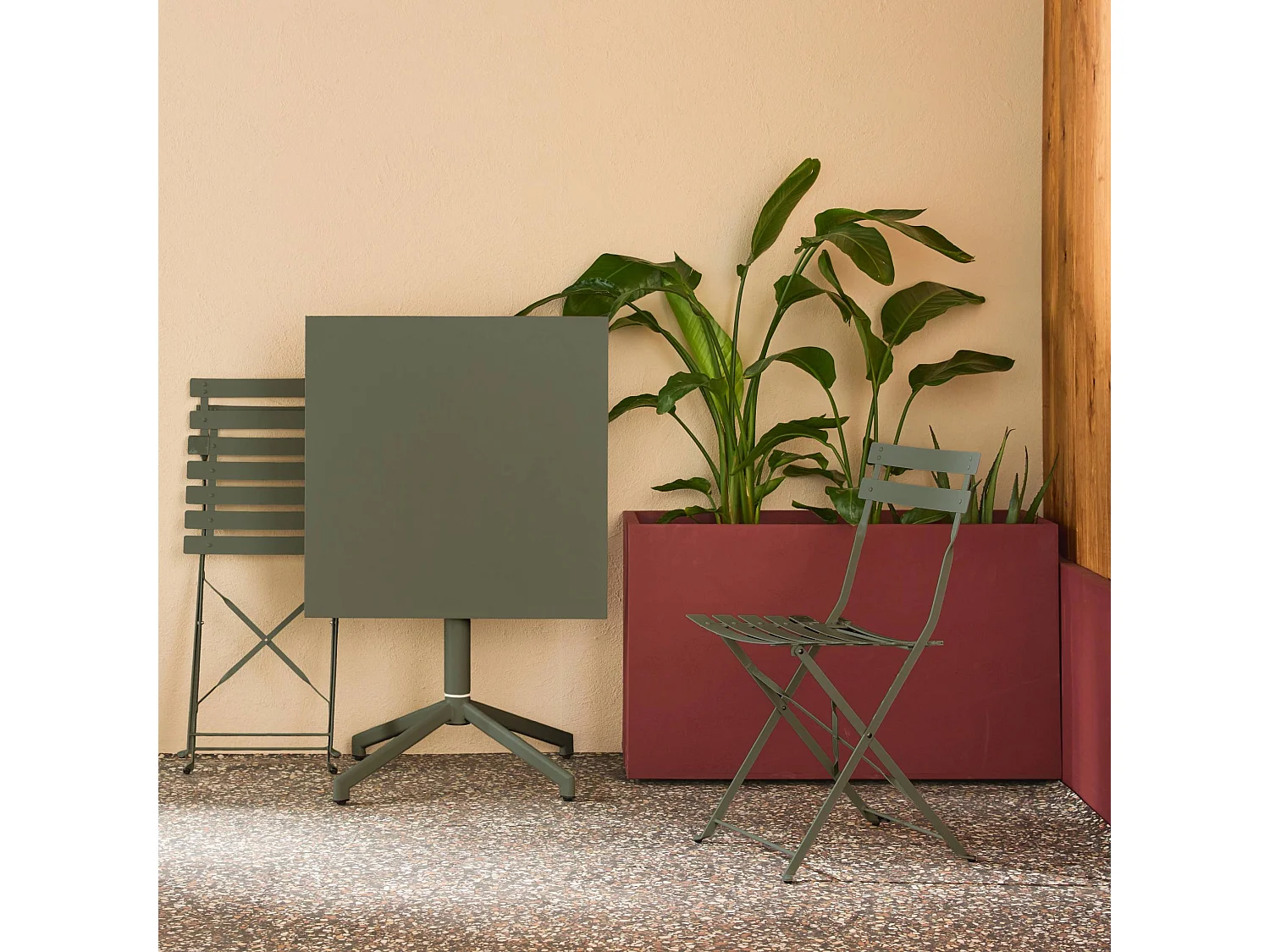 Table de jardin bistrot carrée pliante acier 70cm + 2 places kaki - Chiara/Emilia