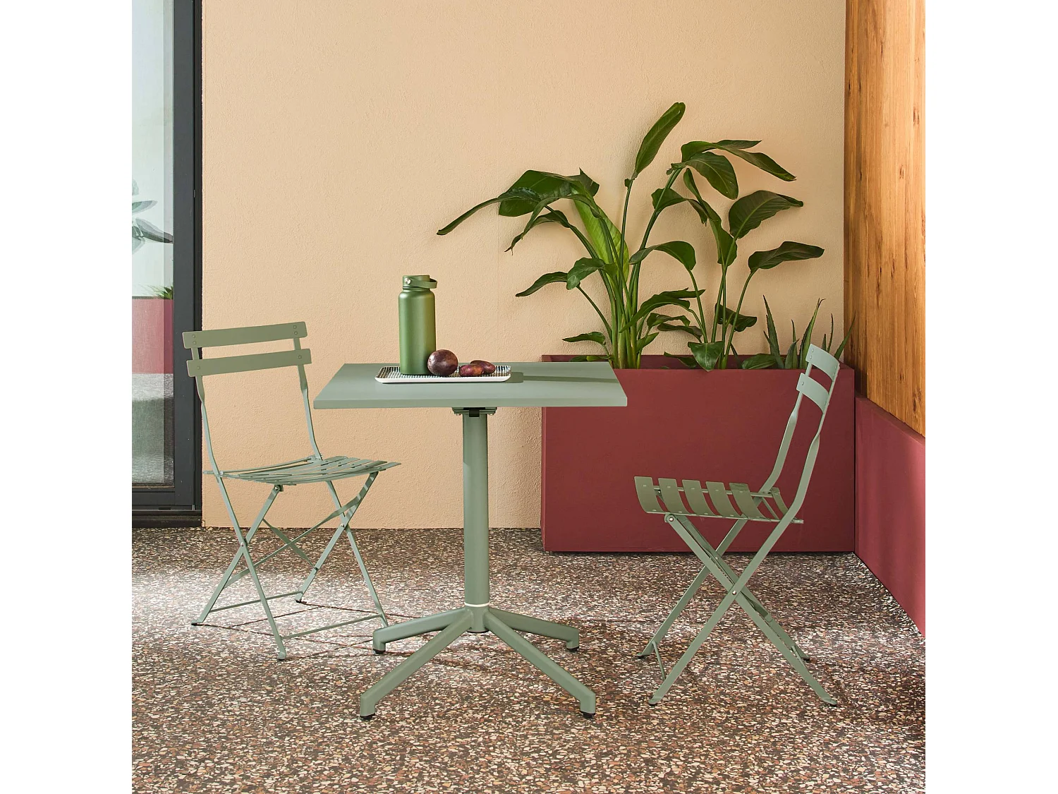 Table de jardin bistrot carrée pliante acier 70cm + 2 places vert de gris - Chiara/Emilia