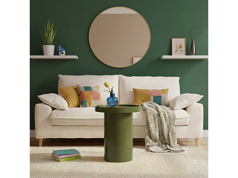 Table basse ronde 40 cm en MDF effet laqué vert olive