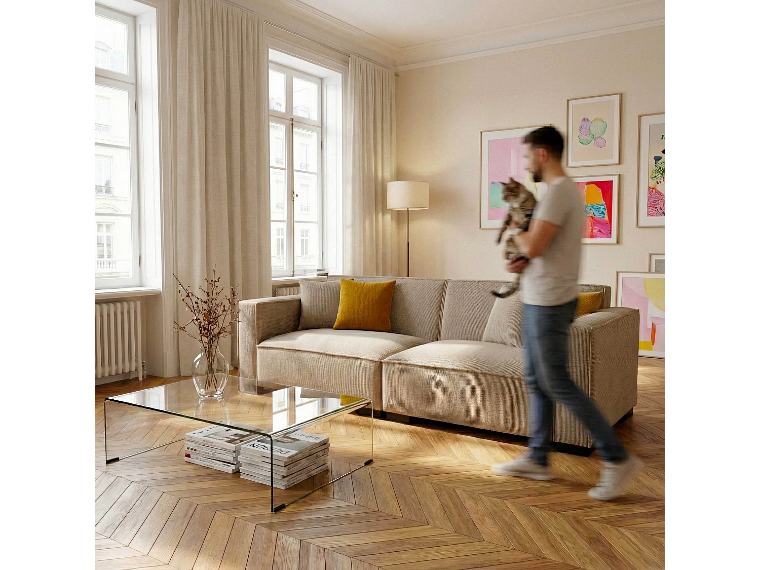 3-zits rechte ribfluwelen bank, taupe L 230 cm