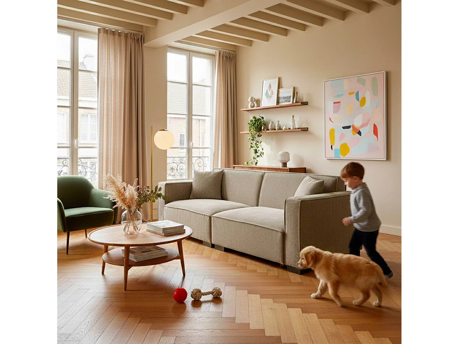 3-zits rechte ribfluwelen bank, taupe L 230 cm