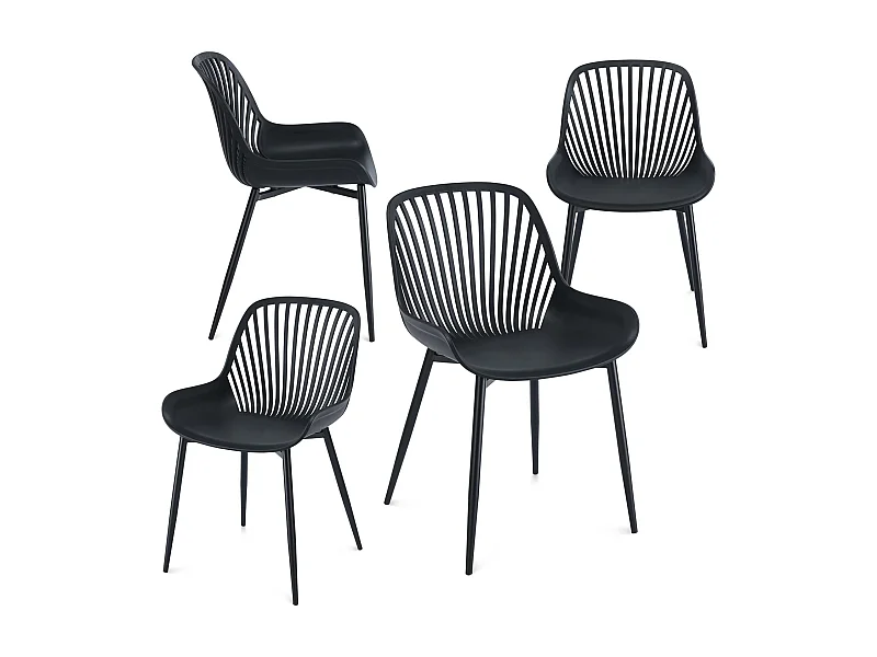 Lot de 4 chaises de jardin VERDE fauteuil d'extérieur en plastique et pieds noir en métal, dossier aéré, poids max. 150 Kg