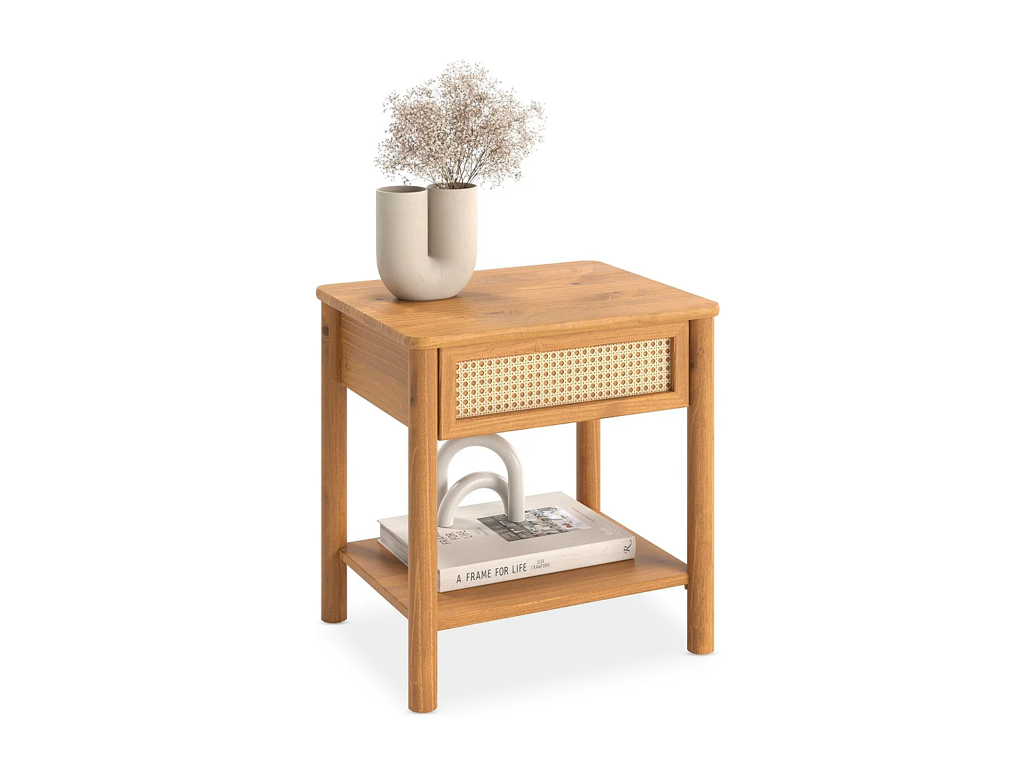 Table de Chevet CEFIRA avec 1 Tiroir en Bois Massif Couleur Chêne, Design Élégant en Rotin, avec 1 Étagère