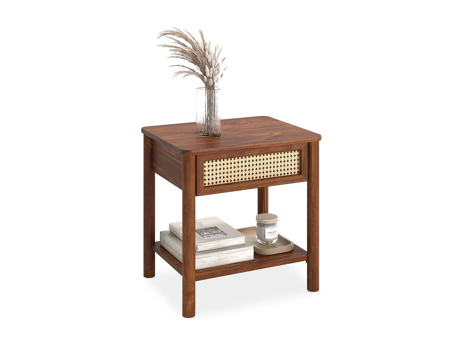 Table de Chevet CEFIRA avec 1 Tiroir en Bois Massif Couleur Châtaignier, Design Élégant en Rotin, avec 1 Étagère