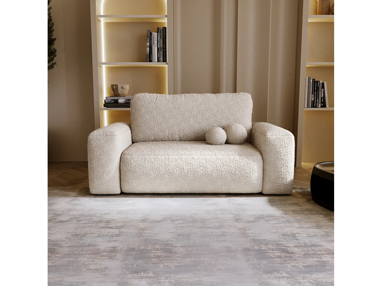 BESILIO Canapé convertible tapissé Ornello – coussins ronds, canapé deux places, fonction lit, canapé autoportant en tissu bouclé – Beige