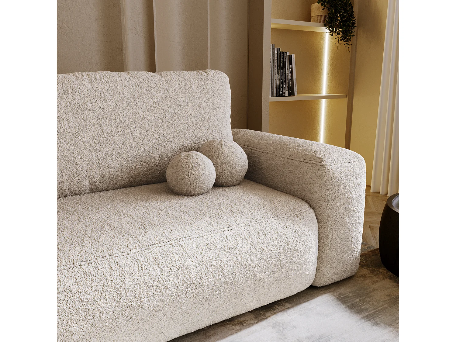 BESILIO Canapé convertible tapissé Ornello – coussins ronds, canapé deux places, fonction lit, canapé autoportant en tissu bouclé – Beige