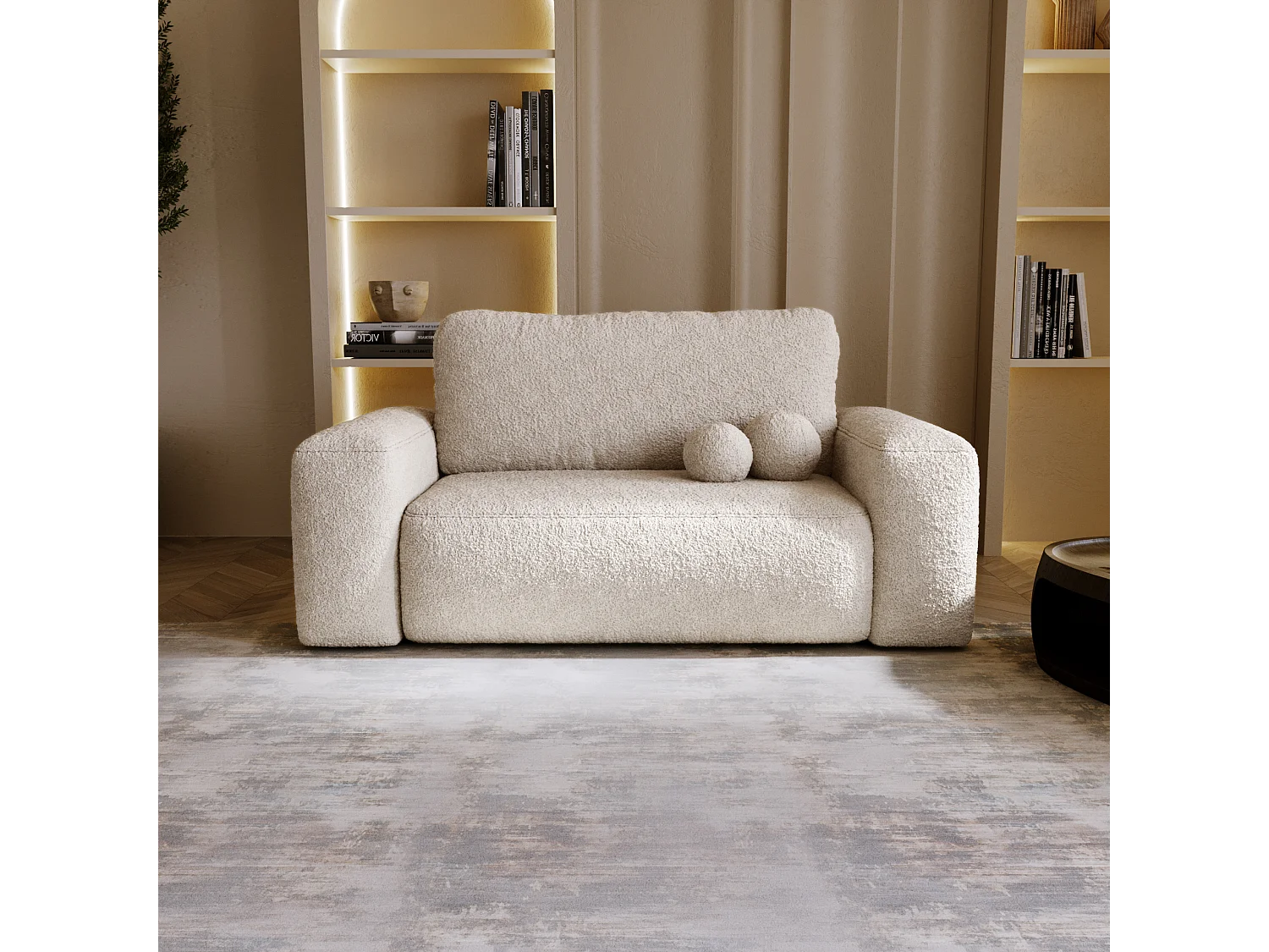 BESILIO Canapé convertible tapissé Ornello – coussins ronds, canapé deux places, fonction lit, canapé autoportant en tissu bouclé – Beige