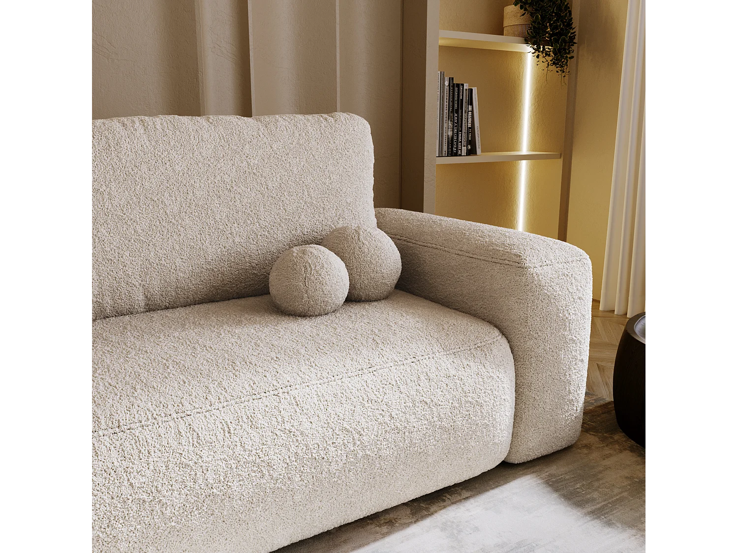 BESILIO Canapé convertible tapissé Ornello – coussins ronds, canapé deux places, fonction lit, canapé autoportant en tissu bouclé – Beige