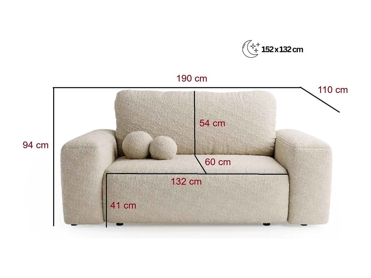 BESILIO Canapé convertible tapissé Ornello – coussins ronds, canapé deux places, fonction lit, canapé autoportant en tissu bouclé – Beige