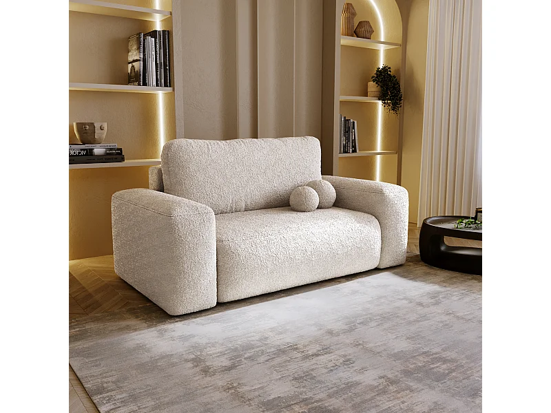 BESILIO Uitklapbare gestoffeerde sofa Ornello – ronde kussens, tweezits, slaapbank, vrijstaande bouclé-sofa – Beige