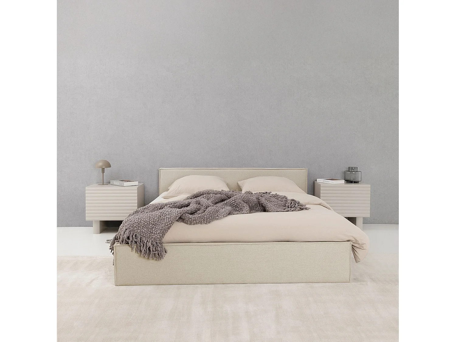 Lit Double PESARO rembourré 160x200 cm, Tête de lit en Tissu, Beige, avec Sommier, Lit Queen Size pour Adulte, Lit 2 Places