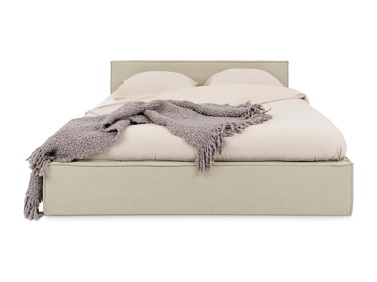 Lit Double PESARO rembourré 160x200 cm, Tête de lit en Tissu, Beige, avec Sommier, Lit Queen Size pour Adulte, Lit 2 Places