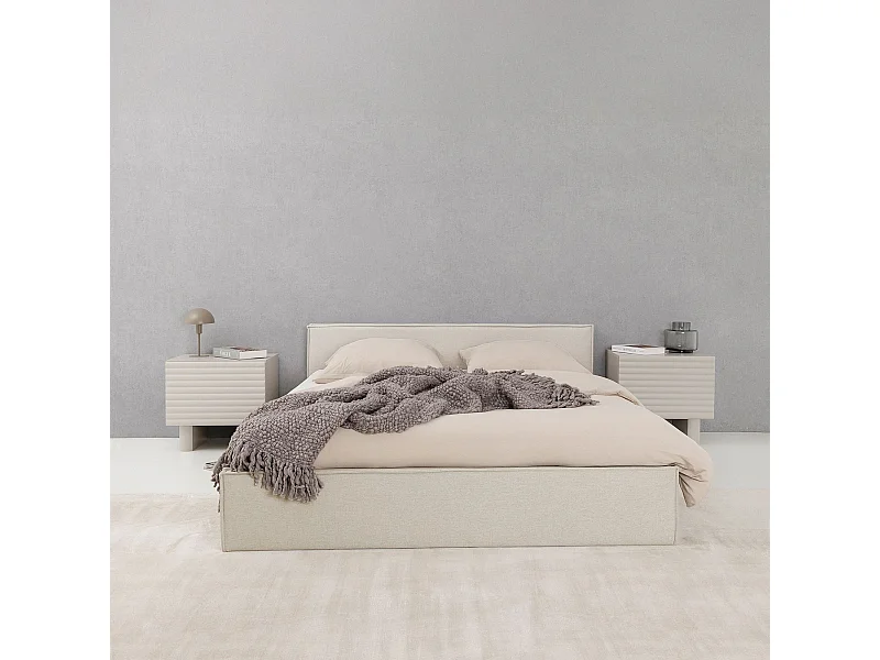 Lit Double PESARO rembourré 160x200 cm, Tête de lit en Tissu, Blanc Crème, avec Sommier, Lit Queen Size pour Adulte, Lit 2 Places