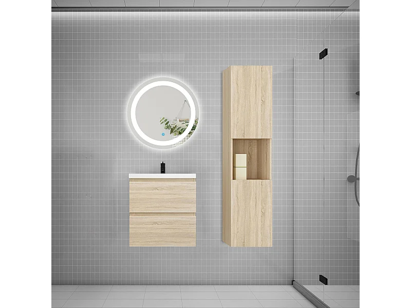 AICA Ensemble meuble vasque L.50cm 2 tiroirs + vasque + LED miroir rond 60cm + colonne,chêne,easy