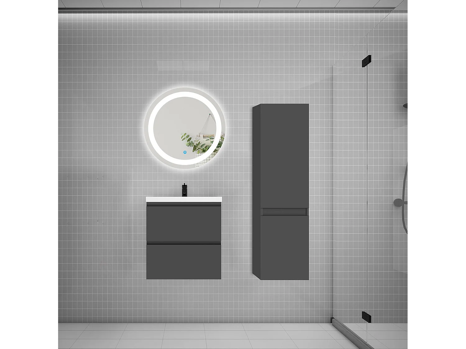 Ensemble meuble vasque L.50cm 2 tiroirs + vasque + LED miroir rond 60cm + colonne,anthracite easy
