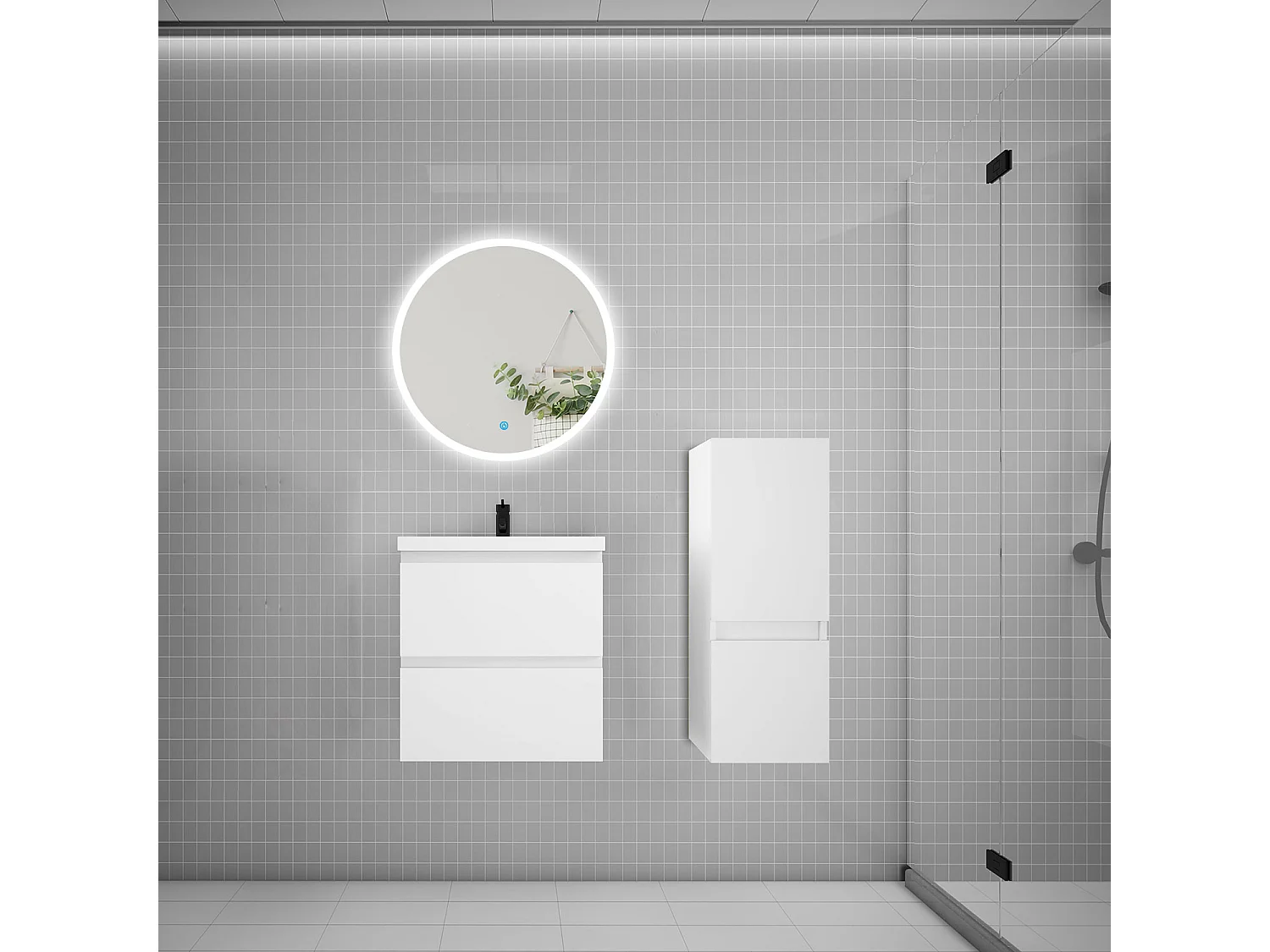Ensemble meuble vasque L.50cm 2 tiroirs + vasque + LED miroir rond 60cm + colonne,blanc