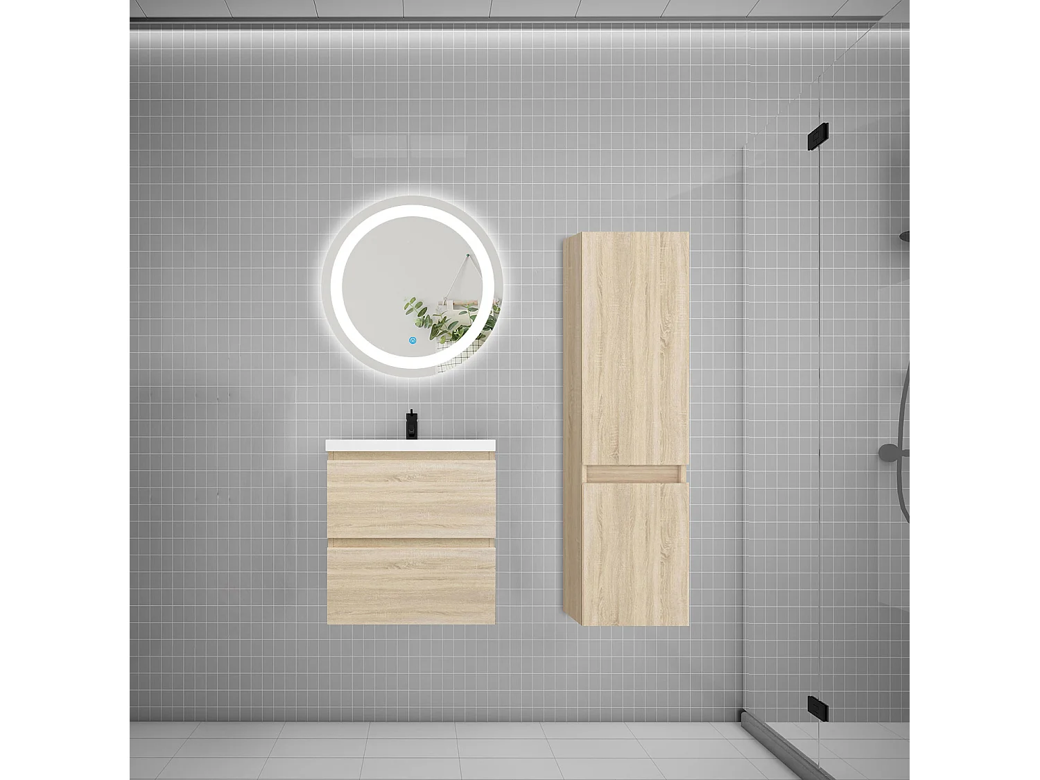Ensemble meuble vasque L.50cm 2 tiroirs + vasque + LED miroir rond 60cm + colonne,chêne easy