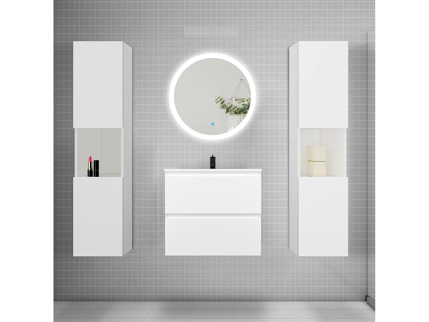 AICA Ensemble meuble de salle de bain Vasque 50cm avec 2 tiroirs + vasque + LED Miroir Rond 60cm + 2*Colonne, Blanc