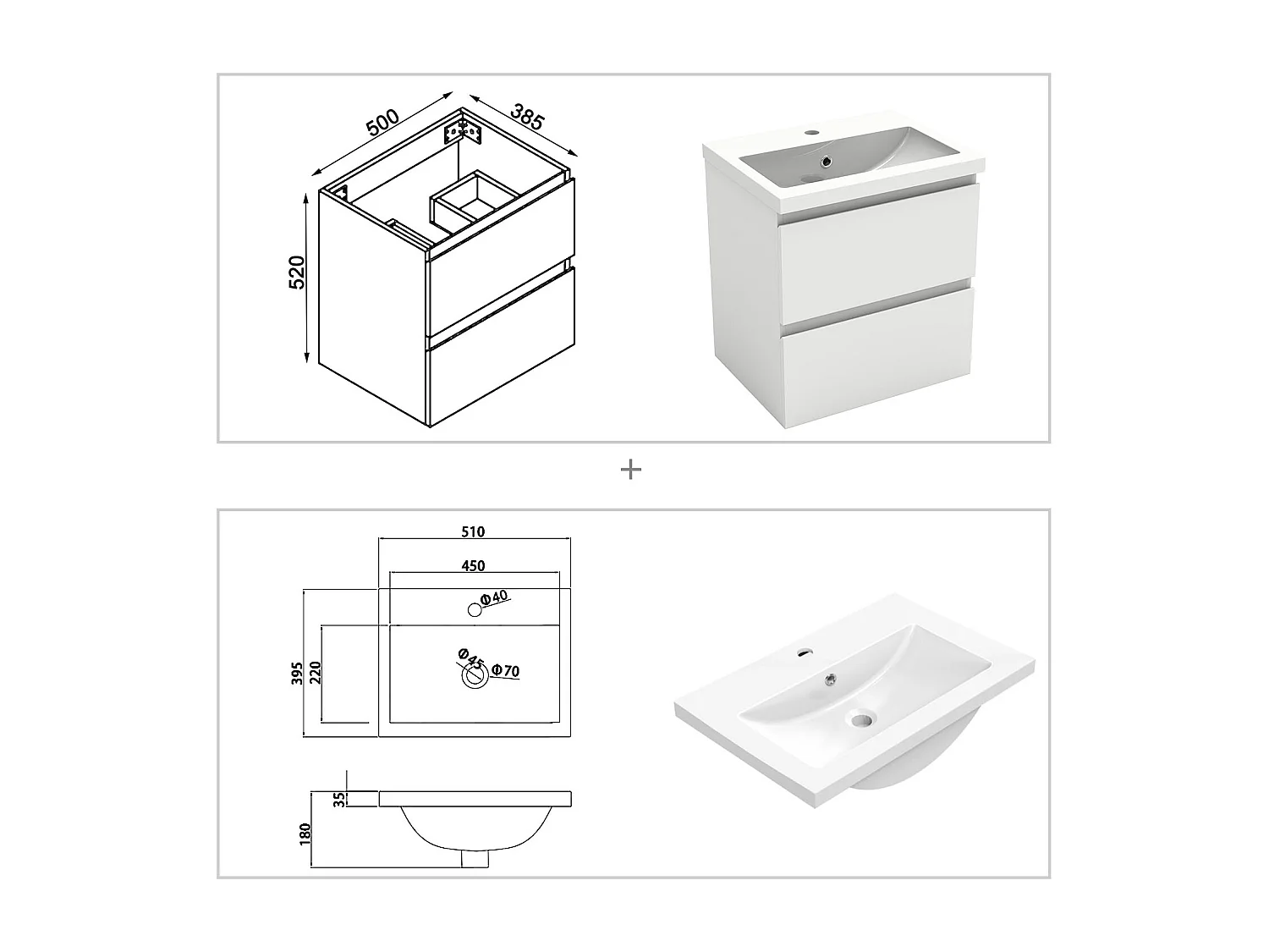 Ensemble meuble vasque L.50cm 2 tiroirs + vasque + LED miroir rond 60cm + colonne A,blanc aica