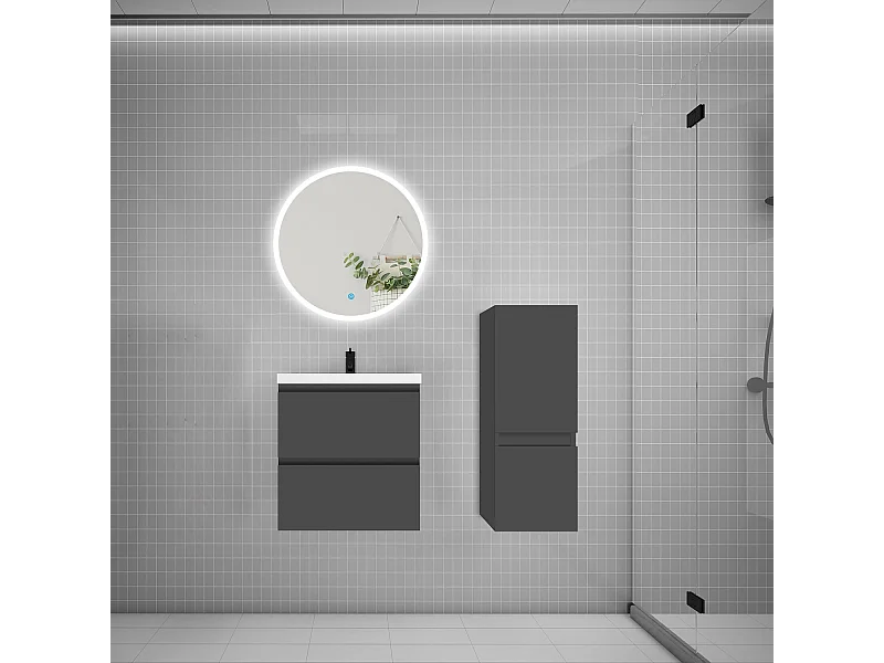 Ensemble meuble vasque L.50cm 2 tiroirs + vasque + LED miroir rond 60cm + colonne,anthracite