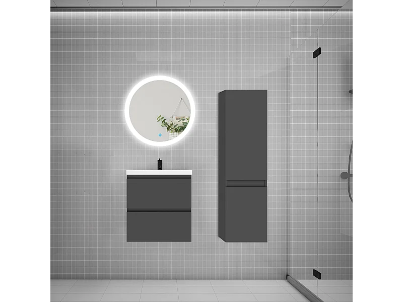 Ensemble meuble vasque L.50cm 2 tiroirs + vasque + LED miroir rond 60cm + colonne B,anthracite aica