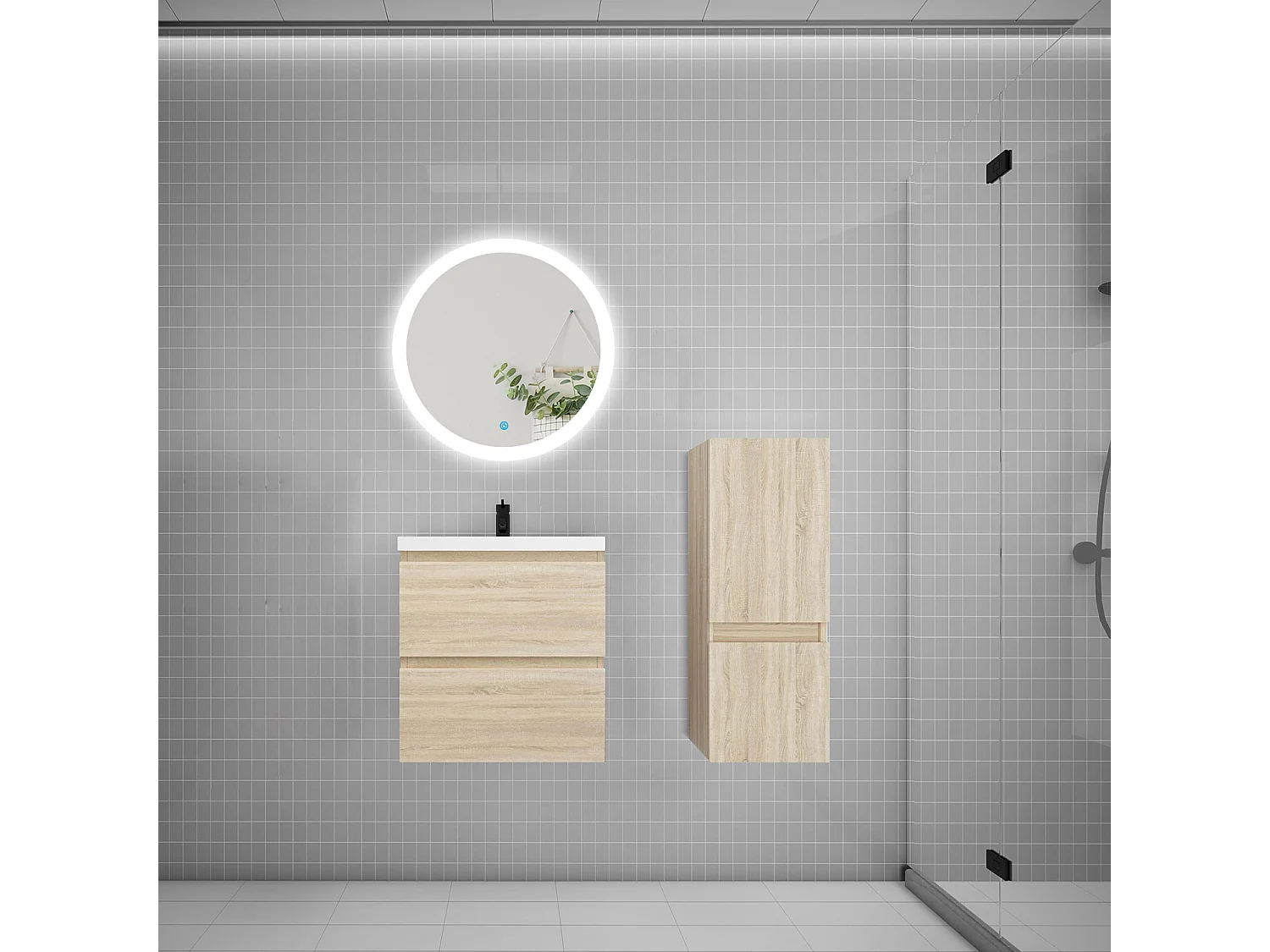 Ensemble meuble vasque L.50cm 2 tiroirs + vasque + LED miroir rond 60cm + colonne,chêne,AICA