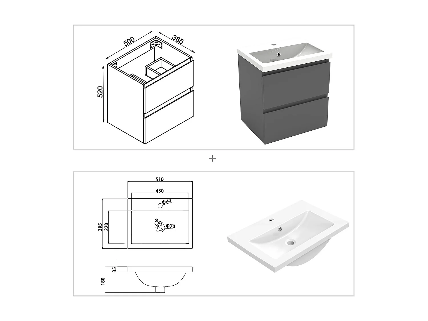 Ensemble meuble vasque L.50cm 2 tiroirs + vasque + LED miroir 60cm + 2*colonne,anthracite B