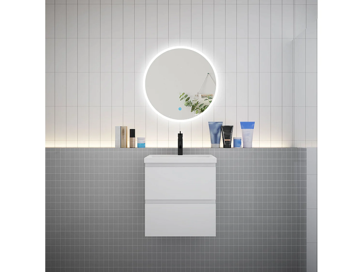 Ensemble meuble vasque L.50cm 2 tiroirs + vasque + LED miroir rond 60cm,blanc
