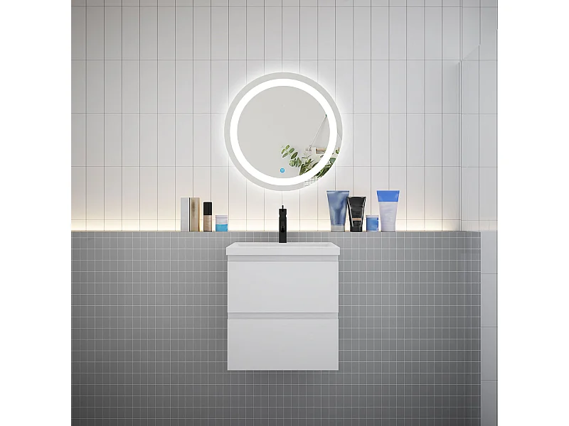 Ensemble meuble vasque L.50cm 2 tiroirs + vasque + LED miroir rond 60cm,blanc,easy