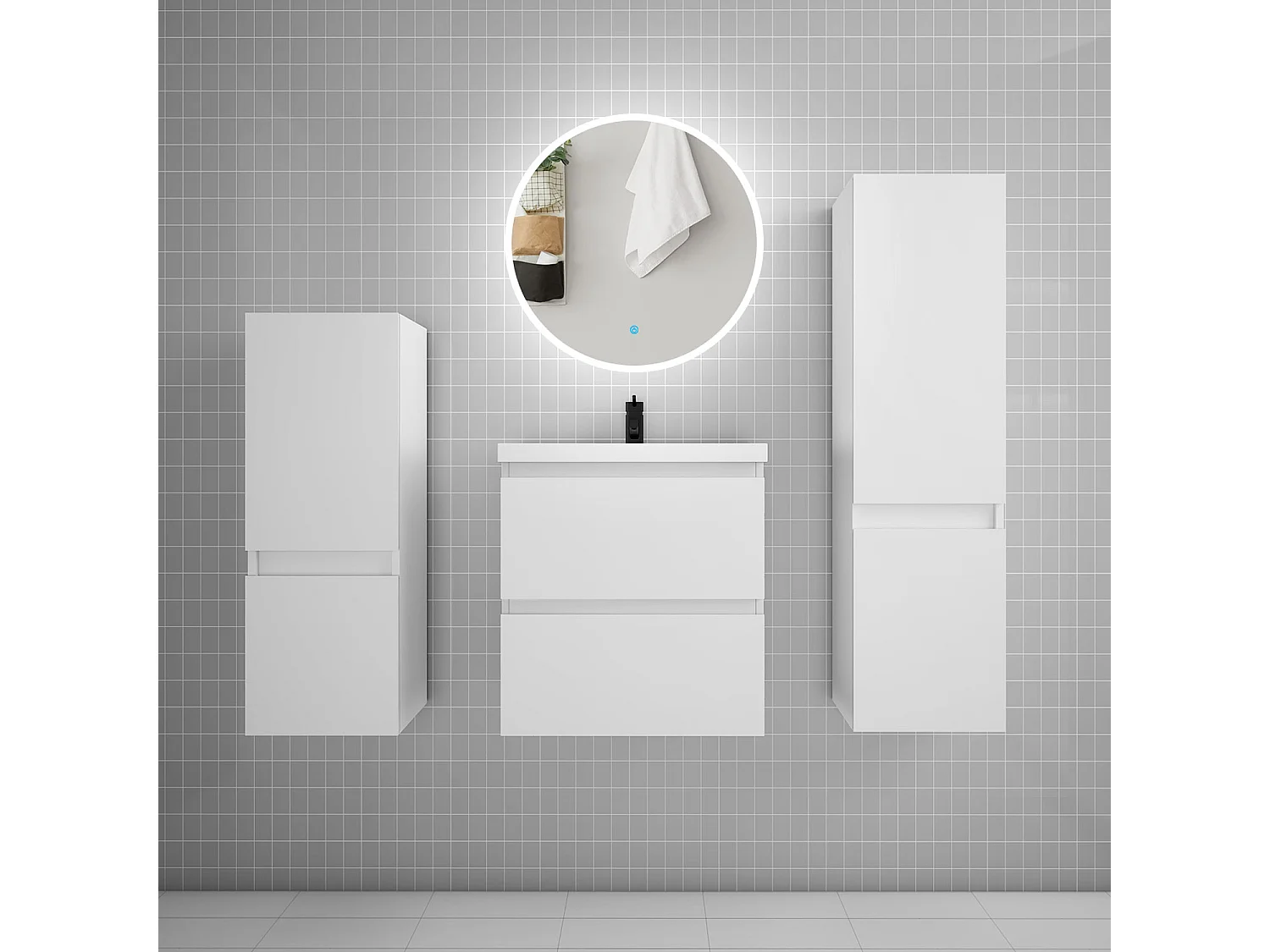 Ensemble meuble vasque L.50cm 2 tiroirs + vasque + LED miroir rond 60cm + 2*colonne,blanc